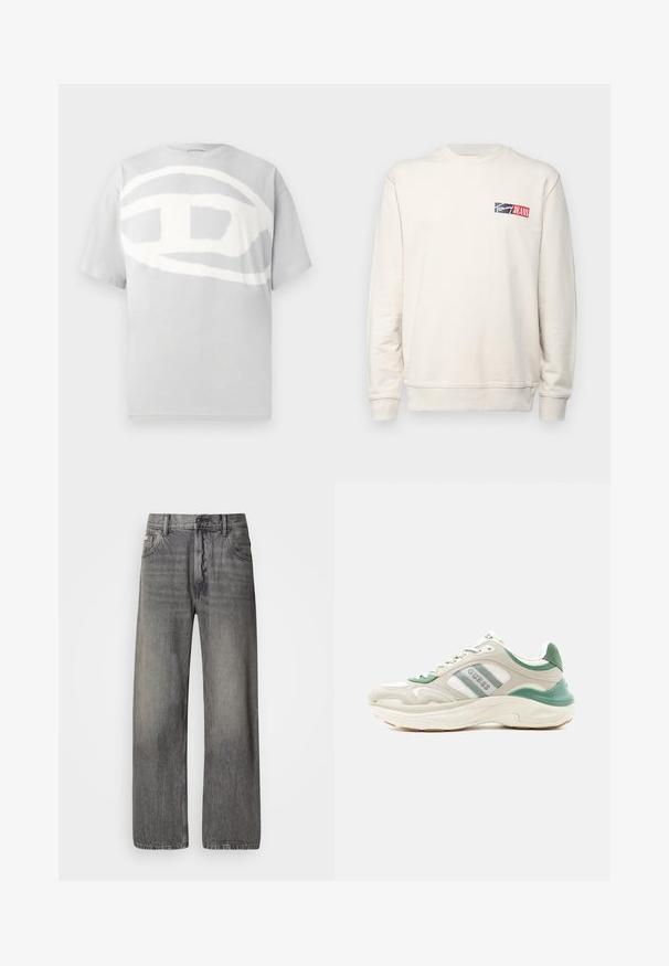 Sudadera de color beige claro con mangas largas, cuello redondo acanalado y un pequeño logo en azul marino y rojo en el lado izquierdo del pecho. Textura de tela suave.; Camiseta de algodón gris con un gran diseño abstracto de logo blanco en el frente. Mangas cortas y cuello redondo. Textura suave.; Jeans de pierna ancha en denim gris oscuro con acabado descolorido. Cuenta con el diseño clásico de cinco bolsillos y trabillas para cinturón.; Zapatilla baja en beige y verde con suela blanca, franjas laterales con logotipo y diseño texturizado, inclinada hacia la izquierda sobre fondo blanco.