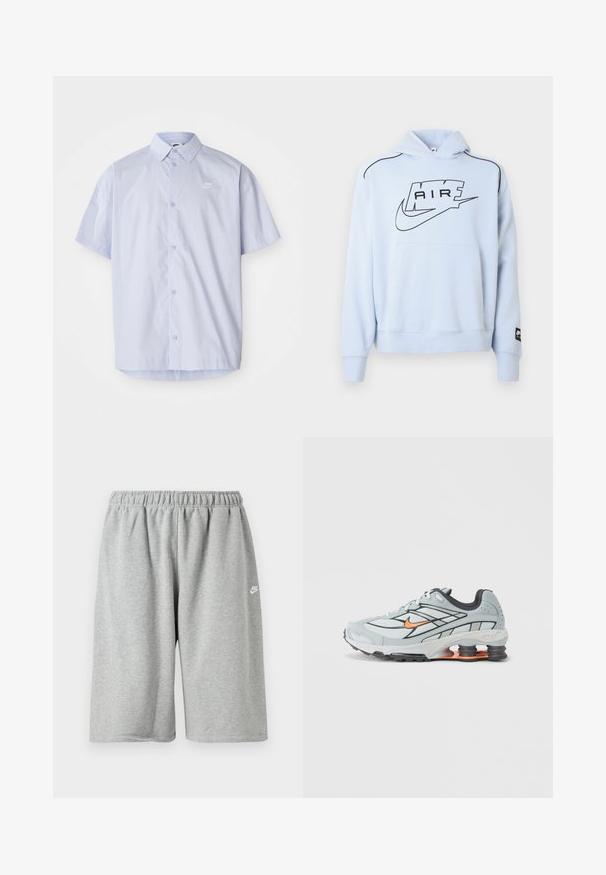 Lichtblauwe sweatshirt met capuchon, voorzien van een zwart "AIR" logo en Nike swoosh. Inclusief een zak aan de voorkant en zwarte accenten in de stikking.; Lichtblauw overhemd met korte mouwen, gemaakt van gladde stof, met een knoopsluiting en een klein wit Nike-logo op de borst.; Grijze katoenen shorts met een elastische tailleband, voorzien van een losse pasvorm en een klein wit logo vlakbij de zoom. Gladde textuur, boven-knielengte.; Lichtgrijze hardloopschoen met zwarte accenten, oranje logo, bovenwerk van mesh, gevoerde kraag en rubberen zool met zichtbare schokabsorberende elementen.