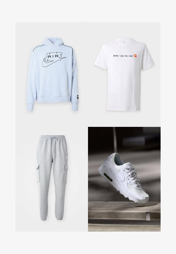 Lichtblauwe sweatshirt met capuchon, voorzien van een zwart "AIR" logo en Nike swoosh. Inclusief een zak aan de voorkant en zwarte accenten in de stikking.; Wit T-shirt met korte mouwen met de tekst "Nike Sportswear" in grijs en marineblauw en een oranje Nike-logo op de borst.; Grijze sweatpants van zachte stof, met een elastische tailleband met trekkoord, twee zijzakken en taps toelopende boorden.; Witte Nike Air Max 90 sneaker met een bovenwerk van mesh en leer, een geperforeerde teenbox en een zichtbare luchtunit in de hiel.