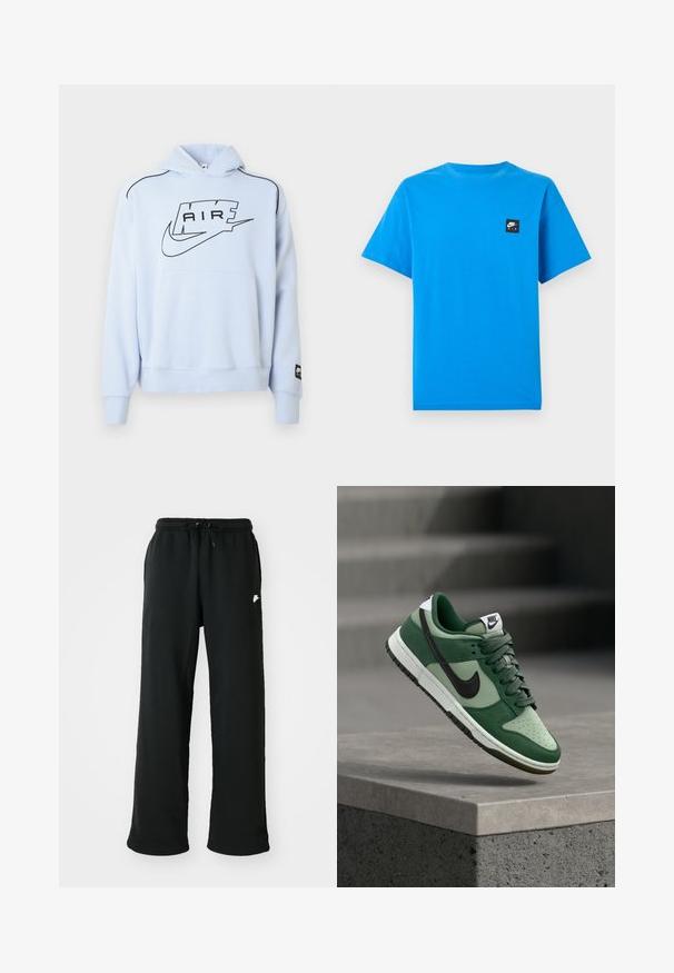Lyseblå sweatshirt med hætte, med en sort "AIR"-logo og Nike-swoosh. Inkluderer en frontlomme og sort kontrastsyning.; Lyseblå T-shirt med korte ærmer, rund hals og lille sort Nike Air-logo på venstre bryst.; Sorte joggingbukser lavet af blødt stof, med elastisk talje og justerbar snøring samt et lille logoakcent på siden.; Grønne Nike Dunk-sneaks har et design i læder og ruskind, sort Swoosh, hvide accenter, perforeret tåboks og gummiydersål.