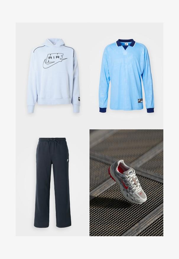 Lichtblauwe sweatshirt met capuchon, voorzien van een zwart "AIR" logo en Nike swoosh. Inclusief een zak aan de voorkant en zwarte accenten in de stikking.; Lichtblauwe longsleeve polo met marineblauwe kraag en manchetten, voorzien van een subtiel all-over patroon en Nike-logo op de onderrand.; Donkerblauwe joggingbroek met een elastische tailleband en een trekkoord. Gemaakt van zachte stof, met een klein wit logo op de linkerheup.; Nike hardloopschoen met een grijze mesh bovenkant, rode accenten en een gestructureerde witte zool. Veters zijn wit met zilveren hardware om aan te spannen.
