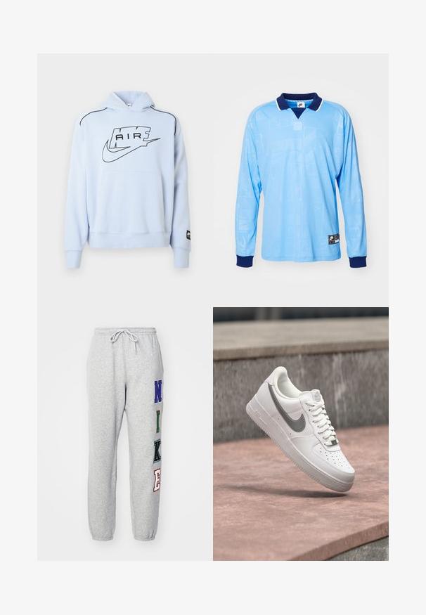 Sudadera azul clara con capucha, con un logo negro "AIR" y el símbolo de Nike. Incluye un bolsillo delantero y costuras de acento negro.; Camisa polo de manga larga azul claro con collar y puños en azul marino, que presenta un sutil patrón por toda la prenda y la marca Nike en el dobladillo inferior.; Nike Sportswear Pantalones deportivos - dk grey heather; Zapatilla blanca Nike Air Force 1 con logo swoosh gris flotando sobre una superficie de piedra y un fondo de pared de piedra gris.