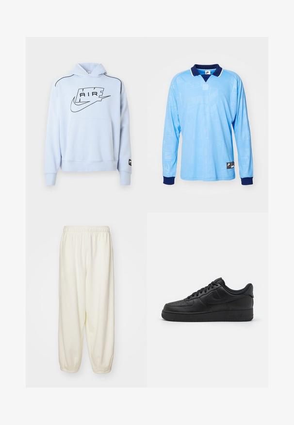 Sudadera azul clara con capucha, con un logo negro "AIR" y el símbolo de Nike. Incluye un bolsillo delantero y costuras de acento negro.; Camisa polo de manga larga azul claro con collar y puños en azul marino, que presenta un sutil patrón por toda la prenda y la marca Nike en el dobladillo inferior.; Pantalones de chándal color crema hechos de una tela suave, con una cintura elástica y puños ajustados, de ajuste relajado y sin patrones visibles.; Nike Sportswear AIR FORCE 1 07 FLYEASE - Zapatillas - black