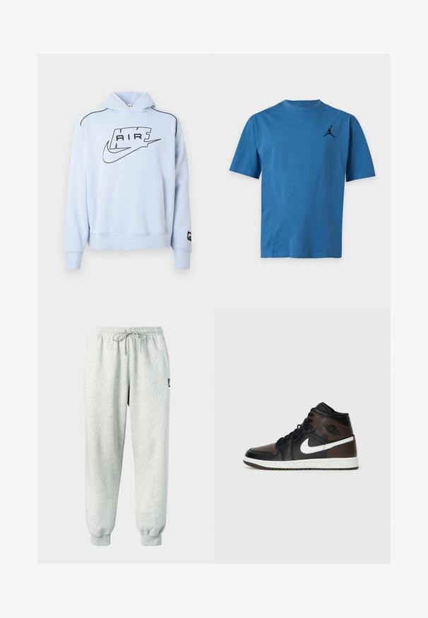 Sudadera azul clara con capucha, con un logo negro "AIR" y el símbolo de Nike. Incluye un bolsillo delantero y costuras de acento negro.; Camiseta azul de manga corta con cuello redondo y un pequeño logo negro de un jugador de baloncesto en la parte superior izquierda del pecho.; Pantalones deportivos gris claro hechos de material suave con una cintura elástica, cordón y puños acanalados; cuentan con un pequeño logo en el lateral.; Zapatillas altas negras y marrones con parte superior de cuero, logotipo de swoosh blanco, puntera perforada y suela de goma. Cuenta con cordones y cuello negros.