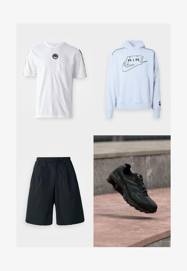 Sudadera azul clara con capucha, con un logo negro "AIR" y el símbolo de Nike. Incluye un bolsillo delantero y costuras de acento negro.; Camiseta blanca de manga corta con cuello redondo, que presenta un logotipo circular negro de Nike en el pecho y rayas de acento negras en los hombros.; Pantalones cortos negros con cintura elástica y cordón ajustable. Hechos de una tela suave, con un corte holgado y sin patrones visibles.; Zapatilla deportiva negra con entresuela visible con amortiguación de aire que flota sobre una superficie de piedra rosa con un fondo de pared de piedra gris.