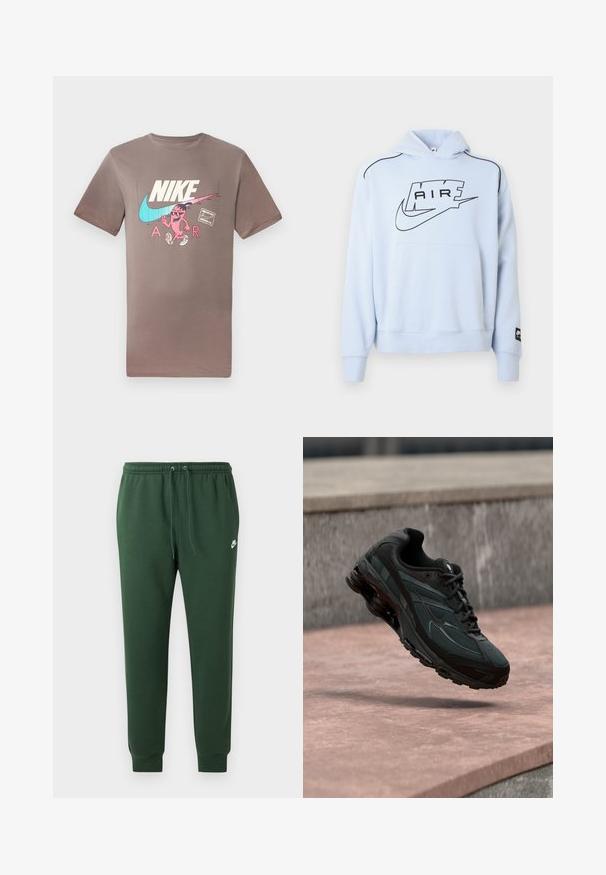 Sudadera azul clara con capucha, con un logo negro "AIR" y el símbolo de Nike. Incluye un bolsillo delantero y costuras de acento negro.; Camiseta de algodón marrón con un gráfico colorido de un personaje con gafas de sol, junto a los logos de Nike y Air en colores contrastantes.; Pantalones deportivos Nike verde oscuro con cintura elástica, cordón, tobillos con puños y pequeño logo blanco de Nike en el muslo izquierdo.; Zapatilla deportiva negra con entresuela visible con amortiguación de aire que flota sobre una superficie de piedra rosa con un fondo de pared de piedra gris.