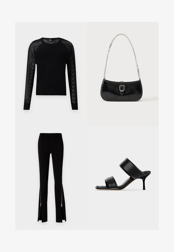 Un pull noir avec une texture côtelée, des manches longues avec des détails en panneaux transparents, et un col rond pour un look moderne.; DSQUARED2 ICON TRUMPET PANT - Pantalon classique - black; Sandale mule en cuir noir avec deux larges brides et un talon stiletto fin de hauteur moyenne sur un fond clair uni.; Sac à épaule en cuir verni noir avec détail de boucle argentée et bandoulière en chaîne argentée, présenté sur un fond uni clair.