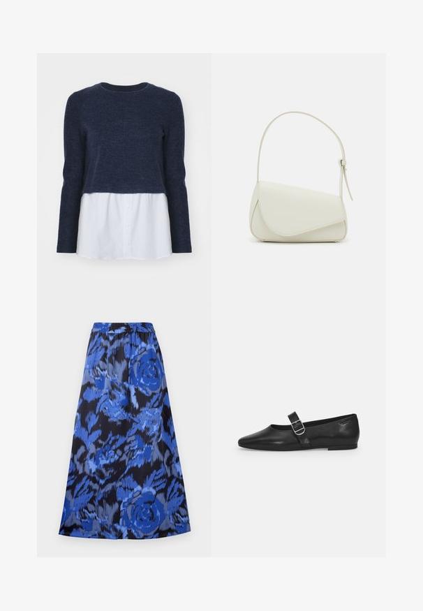 Donkerblauwe trui met lange mouwen en een ronde hals, gedragen over een witte button-up overhemd. Zachte textuur, casual ontwerp.; A-lijn rok in een blauw bloemenpatroon op een zwarte achtergrond. Elastische tailleband, lichtgewicht stof en knielange ontwerp.; Zwarte leren platte schoen met een ronde neus, een enkele verstelbare gespsluiting en een gladde, glanzende textuur. Minimalistisch ontwerp met een lage hak.; Witte nepleren handtas met een gestructureerde driehoekige vorm, een enkele verstelbare schouderriem en een klep met ronde accenten.