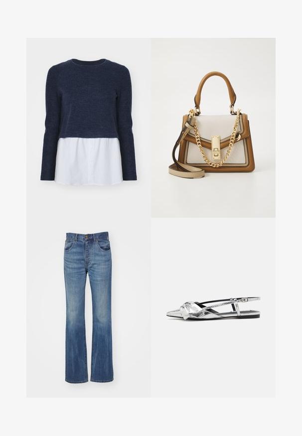 Navy blue sweateri, jossa on pitkät hihat ja pyöreä pääntie, kerroksittain valkoisen nappipaidan päällä. Pehmeä rakenne, rento suunnittelu.; Siniset farkut leveällä lahkeella ja keskipesulla, joissa on korkea vyötärö, vyölenkit ja etutaskut. Sileä tekstuuri, jossa on vähäistä kulumista.; Hopeiset metalliset slingback-ballerinat, joissa on terävässä päässä solmukoriste edessä ja säädettävä hihna napakan istuvuuden takaamiseksi.; ALDO EMALINE - Käsilaukku - bone