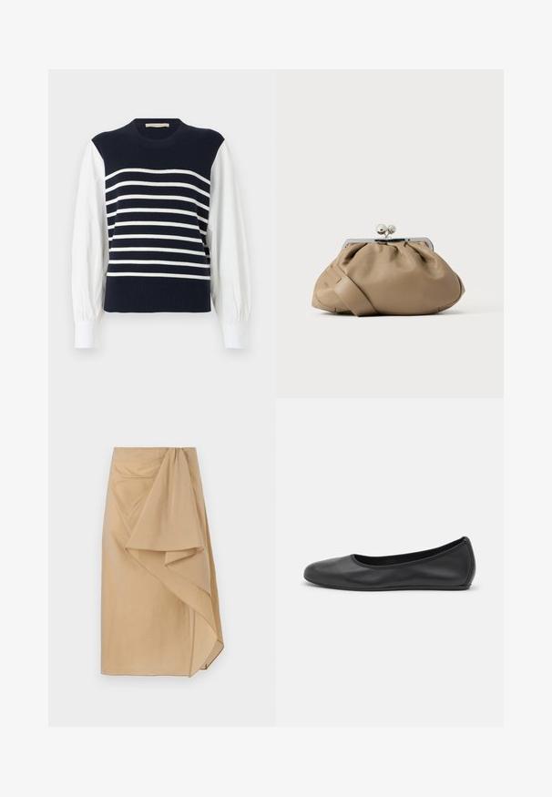 Marineblauwe spencer met witte horizontale strepen over witte lange gebloemde mouwen en witte manchetten.; Beige wikkelrok van lichtgewicht stof met een asymmetrische draping, voorzien van een gegarneerde tailleband en een gladde textuur. Geen zichtbare sluitingen.; Zwarte leren ballerina met een ronde neus, gladde textuur, minimale stikdetails en een flexibele zoolontwerp.; Bruine leren handtas met een geplooid ontwerp en een zilveren sluiting. Voorzien van een smalle, platte band en een gladde textuur.