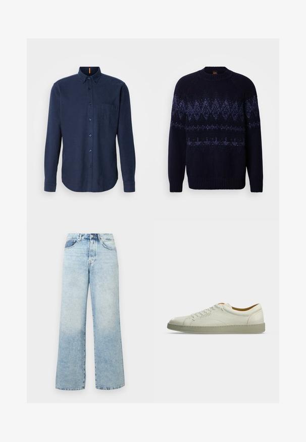 Suéter azul marino tejido con un patrón geométrico en diferentes tonos de azul. Cuenta con un cuello redondo y puños y dobladillo acanalados.; Camisa de botones de manga larga azul marino, hecha de tela texturizada, con un bolsillo en el pecho y un dobladillo redondeado. Detalle del cuello con dos botones.; Jeans de mezclilla azul claro de cintura alta con cierre de botón y cremallera, bolsillos delanteros y corte de pierna ancha.; Zapatilla blanca de piel de caña baja con suela beige, cordones laterales y detalles de costuras mínimas, mostrada sobre un fondo liso gris claro.