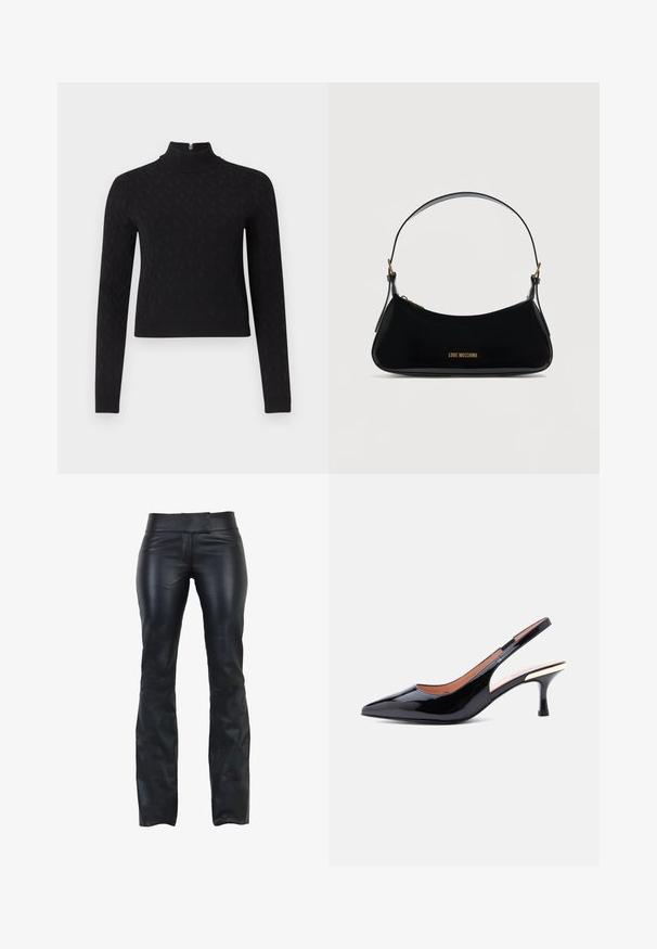 Sort langærmet top med høj hals og lynlås ved kraven. Har et tekstureret mønster og en tætsiddende silhuet.; Sorte læderbukser med slim fit, flad talje og udskæring i bunden. Glat tekstur og minimalistisk design uden synligt hardware.; Sort slingback-pumps i laklæder med spids tå og mellemhøj hæl med en metallisk detalje nær hælen.; Sort skuldertaske i laklæder med buet form, guld "LOVE MOSCHINO" logo på forsiden og justerbar rem med gulddetaljer.