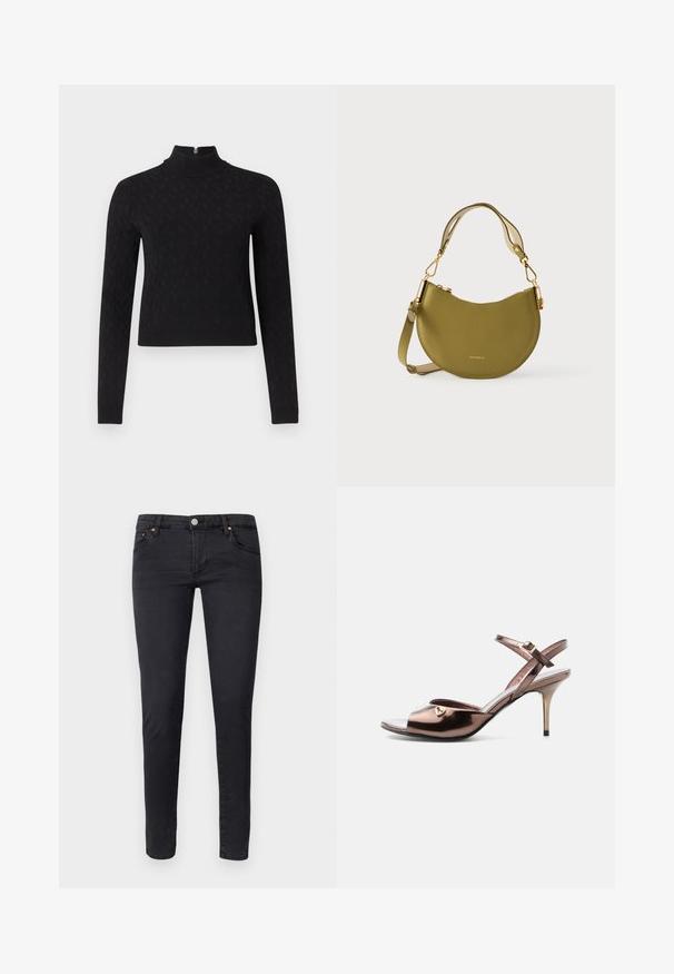 Sort langærmet top med høj hals og lynlås ved kraven. Har et tekstureret mønster og en tætsiddende silhuet.; AG Jeans Jeans Skinny Fit - anthracite black; Bronze metallic åben tå højhælet sandal med ankelrem og lille guldfarvet hjerteudsmykning på siden.; Grøn skuldertaske i læder med en buet form, der har en lås i guldton og justerbar rem. Glat tekstur med prægning af logo.