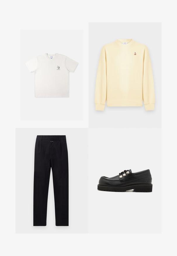 Sweat-shirt crème à col rond avec manches longues et un petit logo de renard brodé sur la poitrine gauche.; T-shirt en coton blanc à manches courtes, avec un petit motif graphique noir sur la poitrine gauche et un col rond.; Pantalon en coton noir avec une coupe droite, doté de plis à l'avant, de poches latérales et d'une fermeture éclair. Finition en tissu texturé.; Mocassins en cuir noir avec un bout arrondi, présentant trois accents métalliques et une semelle texturée pour une meilleure adhérence. Tige lisse et détails cousus.