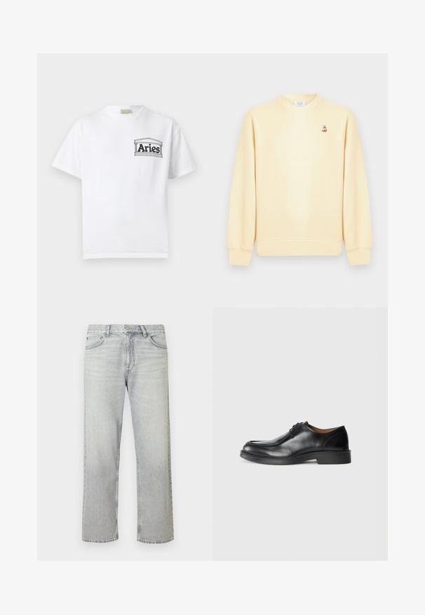 Sweat-shirt crème à col rond avec manches longues et un petit logo de renard brodé sur la poitrine gauche.; T-shirt blanc à manches courtes avec un petit logo noir "Bélier" à l'intérieur d'un cadre rectangulaire sur la partie gauche de la poitrine.; Jean en denim délavé clair avec une coupe décontractée, présentant une jambe droite, un design classique à cinq poches, et une fermeture à bouton à la taille.; Chaussure de ville en cuir noir avec un bout arrondi, surface lisse, détails en dentelle et une semelle en caoutchouc texturée basse. Lignes épurées et design minimal.