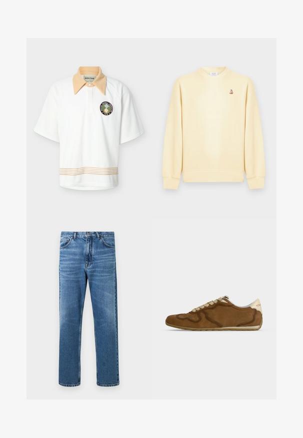 Sweat-shirt crème à col rond avec manches longues et un petit logo de renard brodé sur la poitrine gauche.; Polo blanc à manches courtes avec col pointu beige, bordure rayée beige à l'ourlet, et écusson circulaire "HEATHE Football Federation 1978" sur la poitrine.; Jean en denim bleu avec un design classique de jambe droite, coutures visibles et une texture légèrement délavée. Style à cinq poches avec passants de ceinture.; Baskets basses en daim marron avec lacets beige, languette de talon beige et semelle marron clair, montrées de côté sur fond blanc.