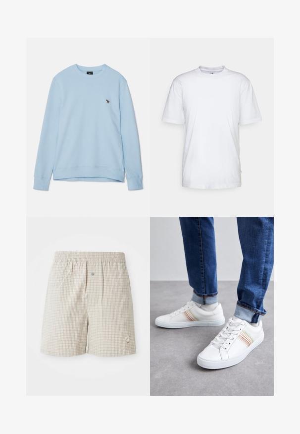 Lichtblauw sweatshirt met een ronde hals en geribde manchetten. Bevat een klein geborduurd ontwerp op de borst. Zachte stofstructuur.; Witte katoenen t-shirt met een ronde hals, korte mouwen en een rechte zoom. Heeft een klein merktag aan de linkerkant van de zijnaad.; Lichtbeige geruite shorts met een zachte textuur, elastische tailleband en een decoratieve witte gans borduursel nabij de zoom.; Witte leren sneakers met meerkleurige strepen, vetersluiting, rubberen zool en gevoerd kraagje, gecombineerd met blauwe spijkerbroek.