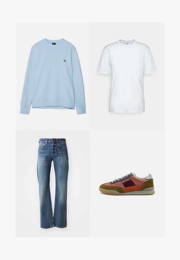 Lichtblauw sweatshirt met een ronde hals en geribde manchetten. Bevat een klein geborduurd ontwerp op de borst. Zachte stofstructuur.; Witte katoenen t-shirt met een ronde hals, korte mouwen en een rechte zoom. Heeft een klein merktag aan de linkerkant van de zijnaad.; Denim jeans in een licht tot gemiddeld blauwe kleur, met een recht gesneden pijp, klassiek vijf-pocket ontwerp en subtiele vervaging aan de voorkant.; PS Paul Smith DOVER - Sneakers laag - pink