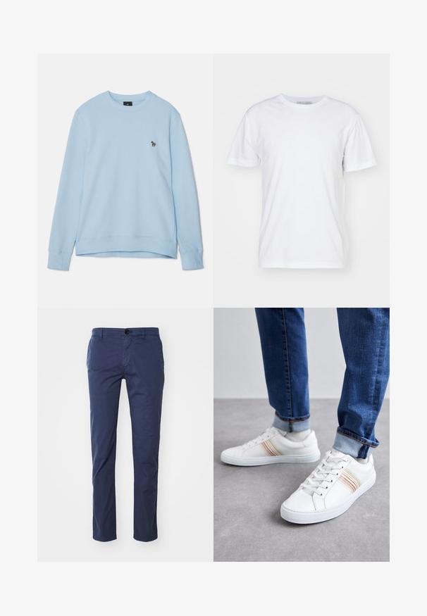 Lichtblauw sweatshirt met een ronde hals en geribde manchetten. Bevat een klein geborduurd ontwerp op de borst. Zachte stofstructuur.; Witte katoenen T-shirt met een ronde hals, korte mouwen en een rechte snit. Geen patronen of versieringen, gladde textuur en eenvoudig ontwerp.; Donkerblauwe katoenen chinos met een recht gesneden been, voorzien van een enkele knoopsluiting aan de voorkant en zijzakken. Soepele textuur, klassieke pasvorm.; Witte leren sneakers met meerkleurige strepen, vetersluiting, rubberen zool en gevoerd kraagje, gecombineerd met blauwe spijkerbroek.