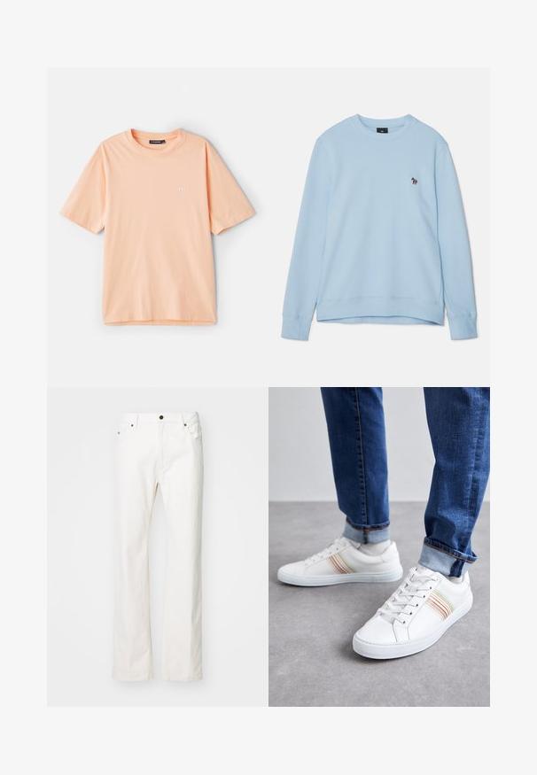 Hellblaues Sweatshirt mit runder Ausschnitt und gerippten Bündchen. Enthält ein kleines gesticktes Design auf der Brust. Weicher Stoff.; Kurzärmliges T-Shirt in Pfirsichfarbe aus Baumwolle, mit Rundhalsausschnitt und einem kleinen weißen Logo auf der linken Brustseite.; Weiße Jeans mit geradem Bein, ausgestattet mit einem Fünf-Taschen-Design, einem Metallknopfverschluss und minimalen Nähten.; Weiße Leder-Sneaker mit mehrfarbigen Streifen, Schnürdesign, Gummisohle und gepolstertem Kragen, kombiniert mit blauen Jeans.