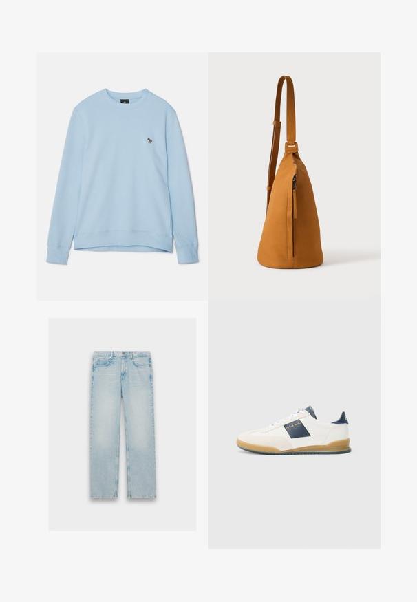 Hellblaues Sweatshirt mit runder Ausschnitt und gerippten Bündchen. Enthält ein kleines gesticktes Design auf der Brust. Weicher Stoff.; Hellblaue Jeans aus Denim mit geradem Bein, fünf Taschen und einem verwaschenen Finish. Metallbeschläge und gestickte Details sind sichtbar.; Weiße Sneakers mit marineblauen Akzenten, aus Wildleder und Leder, runde Spitze und Gummisohle. Mit Logo an der Seite und Rückseite.; Hellbraune Leder-Umhängetasche mit verstellbarem Trageriemen und vertikaler Reißverschlusstasche, von der Seite vor hellem, einfarbigem Hintergrund gezeigt.