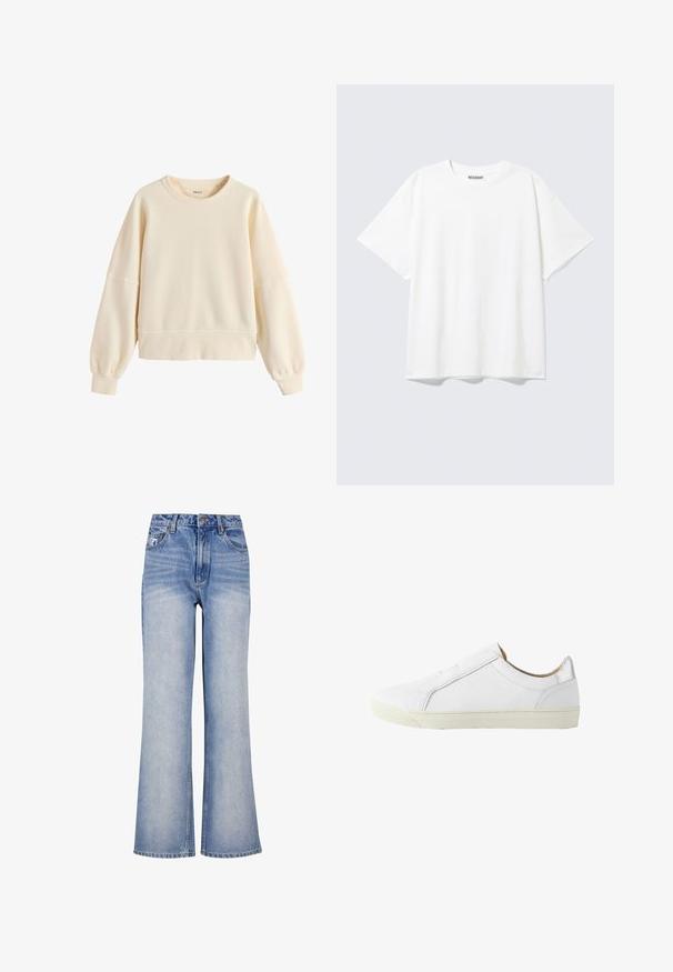 Sudadera color crema con cuello redondo, mangas largas tipo globo y puños y bajo acanalados, estilo casual sencillo.; Camiseta blanca de manga corta con cuello redondo y un ajuste holgado, con una etiqueta "WEEKDAY" en la parte interior trasera del cuello.; Jeans de mezclilla de un azul claro, de pierna ancha, con cintura alta, cierre de botón, un ligero desvanecimiento y un diseño clásico de cinco bolsillos.; Zapatilla blanca baja de cuero con cremallera lateral, forro interior beige y suela de goma color blanco roto, mostrada desde el lado exterior.