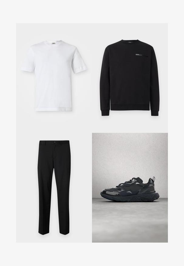 Sudadera negra hecha de una mezcla de algodón. Presenta un cuello redondo, mangas largas, puños de canalé y un logotipo tonal "KARL LAGERFELD" en el pecho.; Camiseta de algodón blanca con mangas cortas, escote redondo y una textura suave. No se observan patrones ni detalles.; Pantalones de traje negros con frente plano, cintura estándar y piernas rectas. Hechos de una tela suave, con un cierre de botón único.; Zapatilla de correr negra con parte superior texturizada, detalles suaves y suela gruesa con dibujo de ondas, diseñada para ofrecer comodidad y durabilidad.