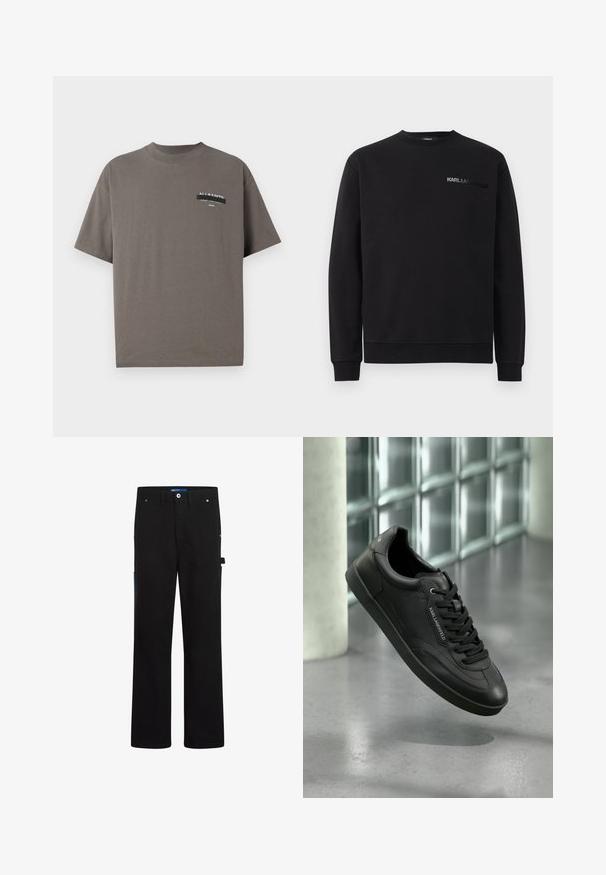 Sweatshirt noir en tissu mélangé coton. Comprend un col rond, des manches longues, des poignets côtelés et un logo ton sur ton "KARL LAGERFELD" sur la poitrine.; T-shirt en coton gris avec un col rond, des manches courtes et une impression de poche avec la marque "ALL SAINTS" et un texte supplémentaire.; Pantalons cargo noirs à coupe droite, avec deux poches avant, une poche arrière et des accents bleus sur le côté et la ceinture.; Basket en cuir noir avec une finition texturée, lacets plats, bout arrondi et semelle en caoutchouc. Détail logo sur le côté.