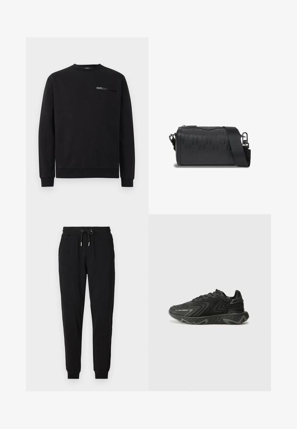 Sort sweatshirt lavet af en blanding af bomuldsstof. Har en rund halsudskæring, lange ærmer, ribbede manchetter og et tonet "KARL LAGERFELD" logo på brystet.; Sorte sweatpants med elastisk talje, justerbar snor, sidelommer og tapered ben. Fremstillet af blødt, strækbart stof.; Sorte sneakers med en bølget tekstur og grå detaljer. Har en snørebåndsdesign og en chunky, skulptural sål. Branding er synlig på siden.; Sort cylindrisk crossbody taske med præget geometrisk mønster og bred justerbar skulderrem mod hvid baggrund.