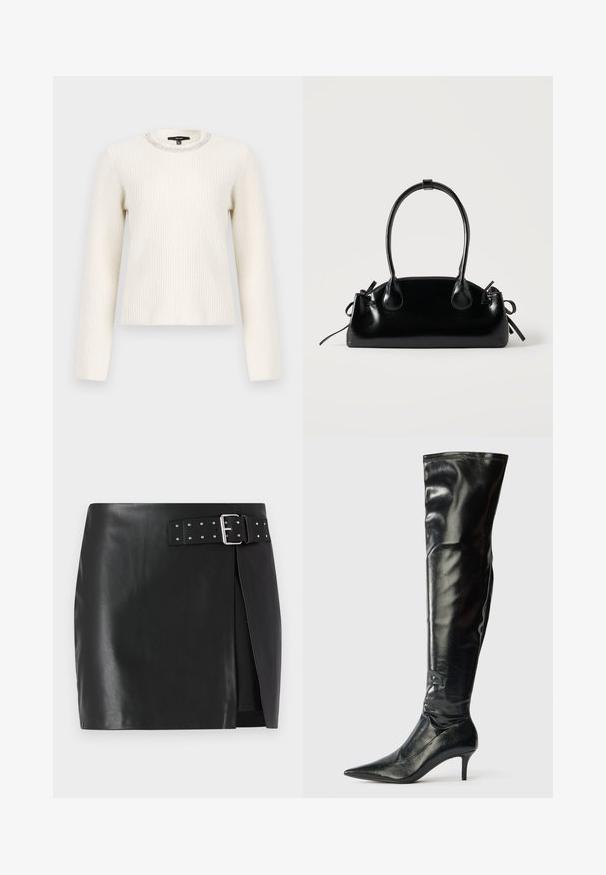 Pull blanc à côtes avec des manches longues et un col rond, présentant un accent en perles argentées au niveau du col. Texture douce et design ajusté.; Mini-jupe en simili cuir noir avec une ceinture réglable comportant une boucle en argent et des clous décoratifs, design à enroulement avant et texture lisse.; Bottes en cuir noir montantes, avec une finition brillante, un bout pointu et un talon aiguille mince. Présentent un haut ajusté avec des détails de couture.; Petit sac à main noir brillant avec deux longues anses et des détails à cordon sur les côtés sur un fond clair uni.