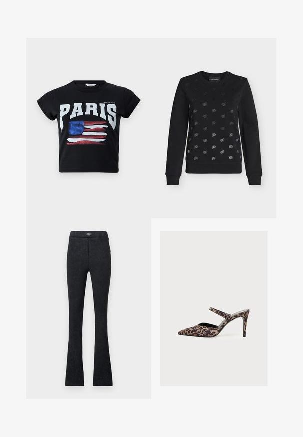 Sort langærmet sweatshirt med små gentagne sølvlogoer foran og ribstrikkede manchetter og kant.; Sort bomulds t-shirt med "PARIS" i fede hvide bogstaver og et slidt amerikansk flag grafik i rød, hvid og blå. Korte ærmer.; Sorte højttaljede leggings med en subtil tekstur og let vidde ved anklerne, med en lille cirkulær logo på linningen.; Højhælet mule med spids tå, leopardmønster og en enkelt tynd rem over fodens top.