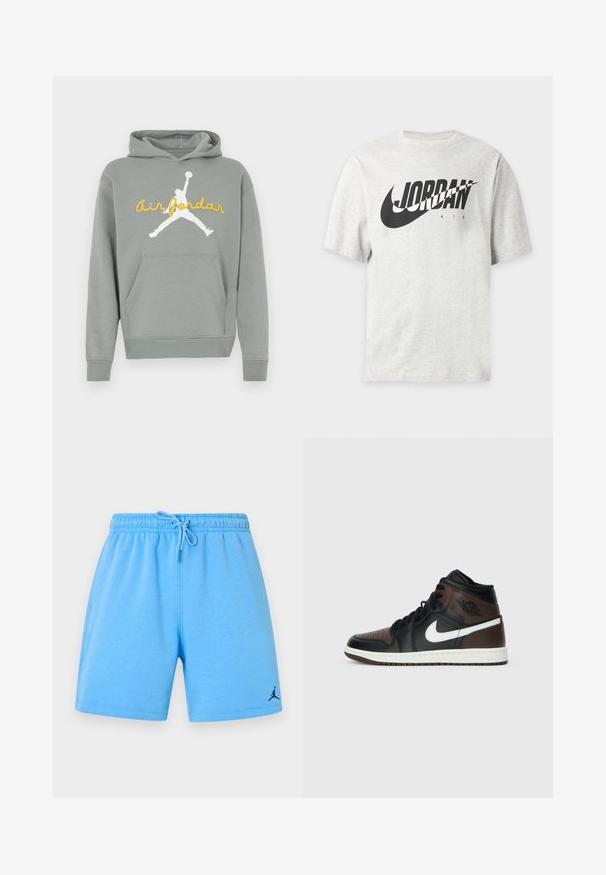 Grå hættetrøje lavet af blødt stof med en hvid silhuetgrafik og gul "Air Jordan" tekst på forsiden. Indeholder en kængurulomme.; Lysegrå kortærmet t-shirt med sort Nike swoosh og "JORDAN AIR" tekst på fronten.; Lyseblå atletikshorts med elastisk talje, justerbar snøre og lille sort Jumpman-logo på det nederste venstre ben.; Sorte og brune high-top sneakers med læderoverdel, hvid swoosh-logo, perforeret tå og gummisål. Har sorte snørebånd og krave.
