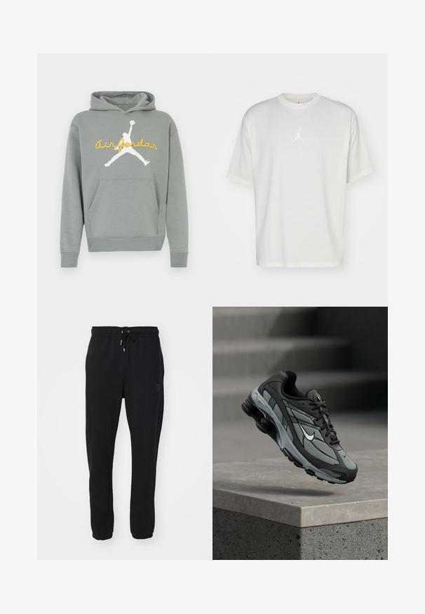 Halli kapuutsi pehmest kangast, esiküljel valge silueti graafika ja kollase "Air Jordan" tekstiga. Sisaldab kängurutaskut.; Valge puuvillane T-särk ümmarguse kaelusega, lühikeste varrukatega ja väikese tikitud logoga keskel. Lahtine sobivus minimaalse õmblusega.; Mustad mustad, millel on elastne vöökoht ja reguleeritav pael, mis on varustatud mansetiga pahkluude juures ja külgedel poleerimise logo.; Hall ja musta sportlik toss, millel on võrkmaterjalist paneelid ja paks tald, paigutatud õhus betoonist äärekivi ja treppide kohal taustal.