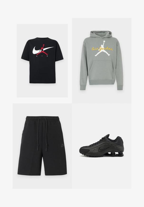 Sweat à capuche gris en tissu doux, avec un graphisme silhouette blanche et le texte jaune "Air Jordan" sur le devant. Comprend une poche kangourou.; T-shirt en coton noir à col rond, avec un grand logo Nike swoosh blanc et un logo Jumpman rouge accompagné du texte "AIR" en blanc.; Shorts de sport noirs Nike avec taille élastique, cordon de serrage, poches latérales et logo discret sur la cuisse gauche.; Baskets de course noires avec une tige en synthétique lisse, des accents perforés, des panneaux latéraux texturés et une semelle distincte et rebondissante.
