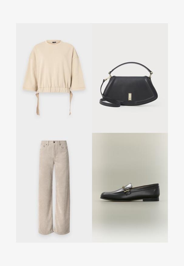 Beige verkürzter Sweatshirt aus weichem Material. Mit weiten Ärmeln, einem gerafften Bund mit Bindebändern und einem runden Ausschnitt.; Beige Kordhose im Weitschnitt mit vertikalen Streifen, ausgestattet mit einem Knopfverschluss und frontalen Taschen. Weicher, strukturierten Stoff in lockerer Passform.; Schwarzer Lederloafer mit silberner Oberseite, goldener Kettendetail, niedrigem Absatz und abgerundeter Spitze auf neutralem Hintergrund.; Schwarze Lederhandtasche mit einer strukturierten Form, ausgestattet mit einem kurzen Griff und einem abnehmbaren Tragegurt, mit einem Verschlussdetail in Goldoptik akzentuiert.