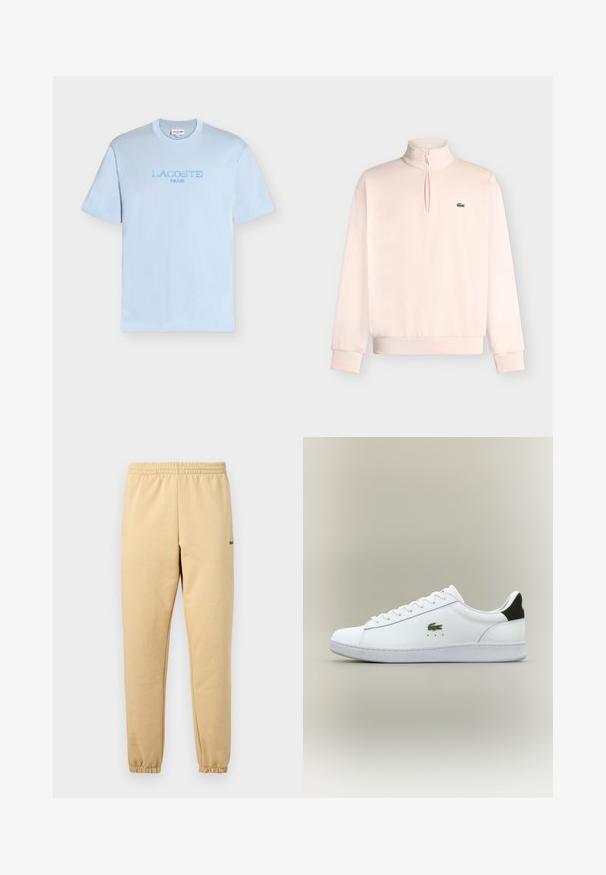 Pull rose clair à manches longues avec une courte fermeture éclair à l'avant et petit logo crocodile vert sur la poitrine gauche.; T-shirt bleu clair à manches courtes et col rond avec le texte « LACOSTE PARIS » brodé en bleu assorti sur la poitrine.; Pantalon de jogging beige avec taille élastique et poignets, arborant un petit logo crocodile vert brodé sur la cuisse droite.; Baskets en cuir blanc avec une finition lisse, arborant un logo crocodile brodé vert, une semelle blanche plate et un accent de talon noir.