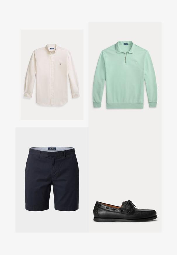 Lichtgroene polo met lange mouwen, een kraag met een kwart ritssluiting en een klein geborduurd logo op de linkerborst.; Overhemd met lange mouwen en knoopsluiting, gemaakt van crèmekleurige katoenen stof. Voorzien van een spreidkraag en een klein geborduurd logo op de borst. Klassieke pasvorm.; Donkerblauwe herenshorts van Polo Ralph Lauren met riemlussen, voorzakken en een gestreepte voering aan de binnenzijde van de tailleband.; Zwarte leren mocassin met veterdetail en lage rubberen zool, zijaanzicht op een eenvoudige lichte achtergrond.