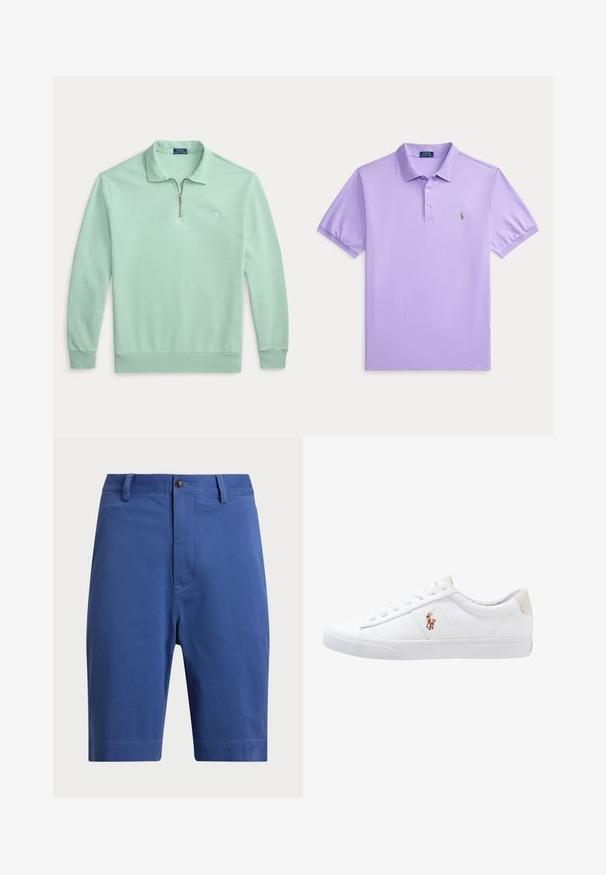 Hellgrünes Langarm-Poloshirt mit Viertel-Reißverschluss am Kragen und kleinem gesticktem Logo auf der linken Brust.; Hellviolettes Poloshirt mit kurzen Ärmeln, Kragen, zwei Knöpfen und kleinem gesticktem Logo auf der linken Brust.; Blaue Baumwollshorts mit flachem Bund, einem einzelnen Knopfverschluss und Gürtelschlaufen. Gerade geschnittene Beine ohne sichtbare Muster oder Akzente.; Weiße Leinensneaker im Low-Top-Design mit einem beigen Ferseneinsatz und einem kleinen gestickten Logo an der Seite. Gummisohle.