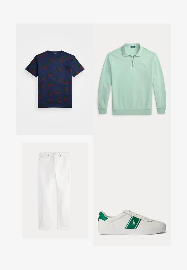Lysegrøn poloshirt med lange ærmer, kvart lynlås i halsen og lille broderet logo på venstre bryst.; Marineblå bomulds t-shirt med et gentaget mønster af røde og grønne vinge-designs. Har rund hals og korte ærmer.; Hvide denimjeans med lige ben, der har fem lommer, kobberhardware og diskrete syningsdetaljer. Glat tekstur med en ren finish.; Hvid low-top sneaker med grøn stribe og Polo-logo på siden, grøn hæl-flik og hvide snørebånd, vist fra venstre side på ensfarvet baggrund.