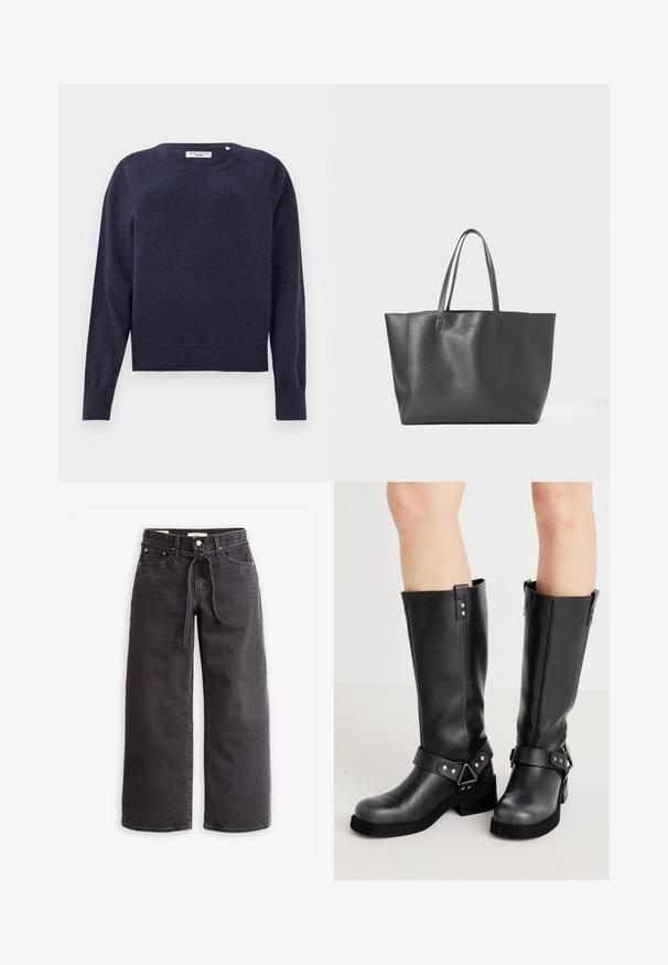 Marineblauwe trui van zachte brei stof, met een ronde halslijn, lange mouwen en geribbelde zoomdetails. Verder subtiele stikdetails.; Zwarte wijde denim jeans met een trekkoord in de taille, vijf zakken en contrasterende stiksels. Platte voorkant.; Zwarte leren kniehoog laarzen met een brede schacht, bandjesdetails, zilveren hardware en een platte zool. Soepele textuur met een lichte glans.; Zwarte tas gemaakt van structuurleer met twee stevige handvatten, rechthoekige vorm en een reliëflogo aan de voorkant. Ontwerp met grote capaciteit.