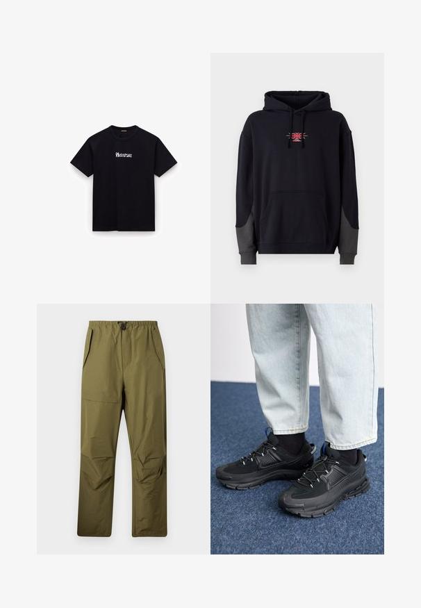 Zwarte hoodie met een kangaroo-zak aan de voorkant. Kenmerkt zich door contrasterende grijze accenten op de mouwen en een klein rood grafisch logo op de borst.; Zwarte katoenen T-shirt met een ronde hals, korte mouwen en een wit gestileerd tekstlogo op de borst. Soepele textuur, casual pasvorm.; Olijfgroene rechte broek met een elastische tailleband en trekkoord, voorzien van zijzakken en een klepzak op de rechterdij.; Zwarte sportschoenen met gestructureerde stof en rubberen zolen, met elastische veters en een blauwe accent op de hiel. Draag samen met lichte spijkerbroeken.