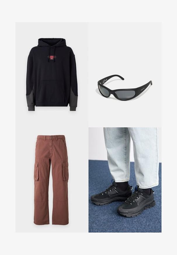 Sudadera negra con un bolsillo canguro en la parte delantera. Presenta acentos grises contrastantes en las mangas y un pequeño logotipo gráfico rojo en el pecho.; Pantalones cargo en color óxido, hechos de una tela resistente. Presentan grandes bolsillos laterales, piernas rectas y cierre de botones en la cintura.; Zapatillas deportivas negras con tejido texturizado y suelas de goma, con cordones elásticos y un acento azul en el talón. Combinadas con pantalones de mezclilla claros.; Gafas de sol negras con un marco curvado y lentes oscuros. Presentan un acabado mate y el nombre de la marca "ARNETTE" en el lateral.