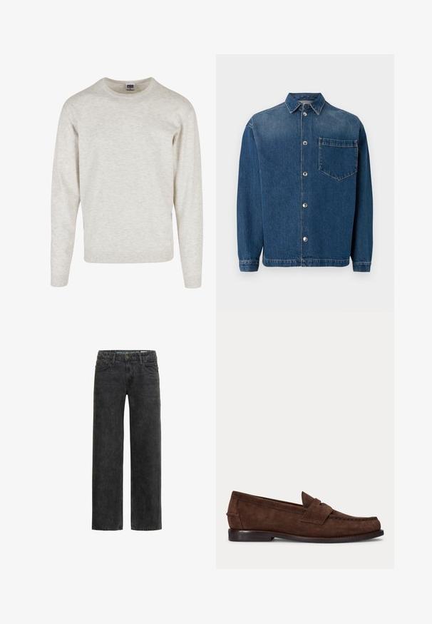 Hellgrauer, langärmeliger Pullover aus einem weichen, strukturierten Strick mit Rundhalsausschnitt und ribbeligem Saum. Schlichtes, klassisches Design ohne Muster.; Dunkelblaue Denim-Hemd mit Knopfverschluss vorne, Kragen und einer einzelnen Brusttasche. Glatte Textur und klassischer Schnitt. Silberne Knöpfe als Beschläge.; Schwarze Jeans aus Denim mit einem entspannten Schnitt, geraden Beinen, fünf Taschen und einer subtilen, ausgewaschenen Textur. Mit einem Knopf- und Reißverschluss.; Brauner Wildleder-Pennyloafer mit niedrigem Absatz und sichtbarer Naht an Zehen-, Seiten- und Rückbereich, dargestellt auf hellem, einfarbigem Hintergrund.