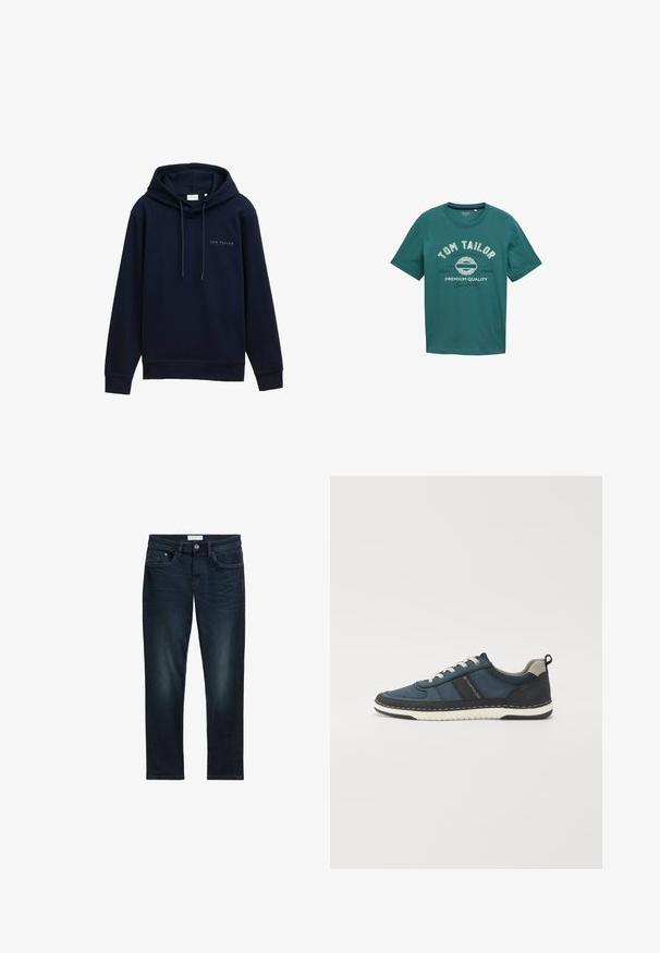 Marineblå hættetrøje lavet af blødt stof med ribstrikkede manchetter og kant. Har et logo trykt på forsiden. Justerbare snore i hætten.; Teal kortærmet t-shirt lavet af bomuld med rund halsudskæring og hvid tekst "TOM TAILOR" samt design detaljer på forsiden.; Mørkeblå denim jeans med slim fit, der har fem lommer, knaplukning og diskret falmning foran for tekstur.; Marineblå sportsko lavet af mesh og syntetiske materialer, med hvide snørebånd, en struktureret overdel og en hvid gummisål med syninger.