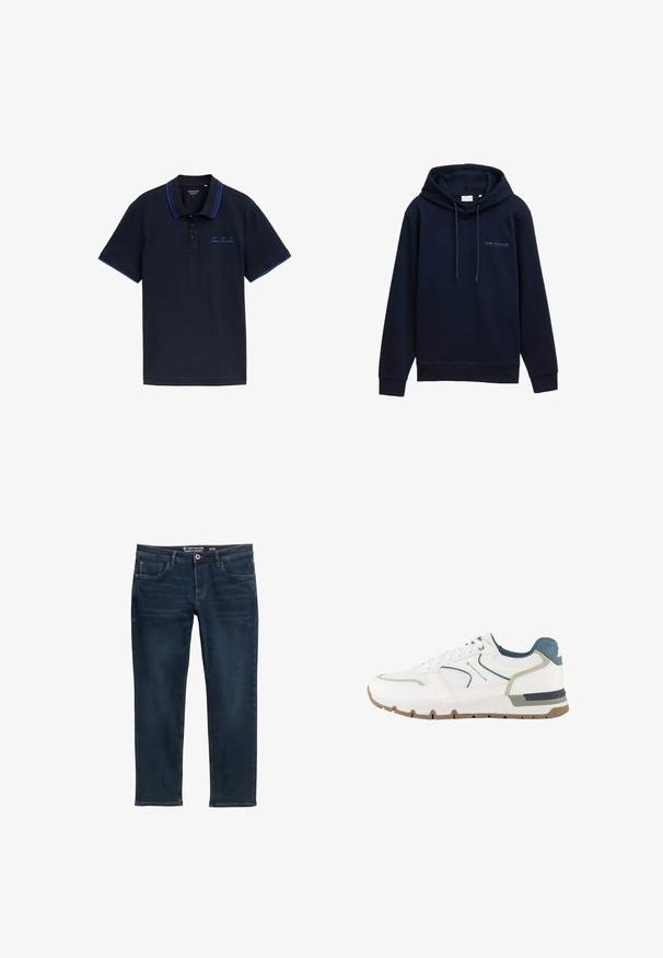 Marineblå hættetrøje lavet af blødt stof med ribstrikkede manchetter og kant. Har et logo trykt på forsiden. Justerbare snore i hætten.; Marineblå polo-shirt med en to-knaps placket, kontrasterende blå krave og ærmekanter, samt broderet "Tom Tailor" logo på brystet.; Mørkeblå lige snit jeans med forlommer, bæltestropper, knaplukning og subtile falmede detaljer. Størrelse 32/32 fra Tom Tailor.; Hvid og grå atletisk sneaker med blå detaljer, mesh-stof og en brun sål, mærket med "Tom Tailor" på siden.