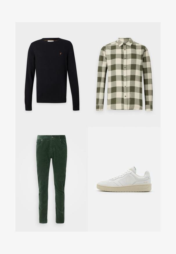 Sort rundhalset sweater med lange ærmer og en lille orange broderet fuglelogo på venstre bryst.; Langærmet skjorte i et grønt og cremefarvet ternet mønster, lavet af letvægtsstof, med en knap-ned krave og frontknapper.; Grønne kordfløjelbukser med lige pasform. Har fem lommer, metalknaplukning og ribbet tekstur. Maskinvaskbare.; Hvide lædersneakers med struktureret overflade og polstret krave. Har en beige gummisål og diskret branding på hælen og siden.