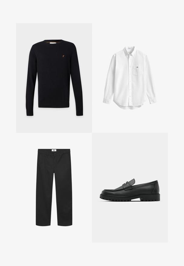 Schwarzer Pullover mit Rundhalsausschnitt und langen Ärmeln, mit kleinem orangefarbenem, besticktem Vogel-Logo auf der linken Brust.; Weißes langärmeliges Hemd mit Kragen und Brusttasche mit kleinem gesticktem Logo.; Schwarze Chinos aus glattem Baumwollstoff. Verfügt über einen Knopfverschluss, Fronttaschen und ein gerades Bein-Design mit sauberen Kanten.; Schwarze Lederloafer mit runder Zehenform, ausgestattet mit einem gesteppten Design, niedrigem Plattformsohle und einer strukturierten, genoppten Gummisohle.