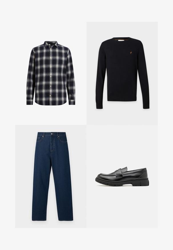 Sort rundhalset sweater med lange ærmer og en lille orange broderet fuglelogo på venstre bryst.; Marineblå og cremeplaid flannel skjorte med knapkrave, lange ærmer og beige knapper; har en blød tekstur og en struktureret form.; Mørkeblå denim jeans med lige snit, fem lommer og knaplukning. Har kontrastsy, og en klassisk linning.; Sort læder loafersko med en bred rem over forfoden, gummisål med tykke mønstre og glat overflade. Klassisk, slankt design.