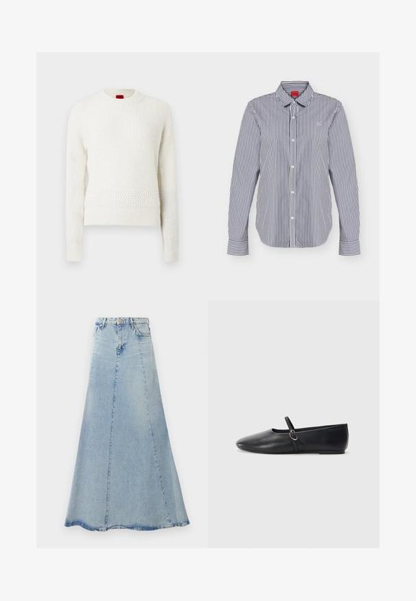 Suéter blanco de punto con mangas largas, cuello redondo, patrones texturizados y un ajuste ligeramente holgado. Etiqueta de marca roja visible en el cuello.; Camisa de manga larga con botones, rayas verticales en negro y blanco, cuello clásico y logo bordado sutil en el pecho.; Falda de mezclilla azul claro con forma acampanada en A, que cuenta con un cierre frontal de botones, pasadores para cinturón y detalles de costura visibles.; Bailarinas de cuero negro con punta afilada, suela plana y una pequeña correa con detalle de hebilla plateada.