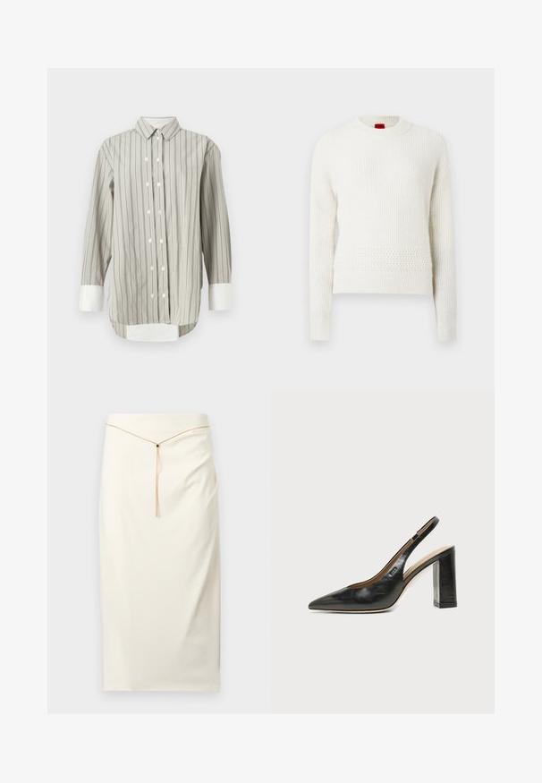 Hvid strikket sweater med lange ærmer, rund halsudskæring, teksturerede mønstre og en let løs pasform. Rødt mærke med brand synligt ved halsen.; Stribet skjorte i grå og hvid, med klassisk krave, knaplukning med hvide knapper og kontrasterende hvide manchetter. Lange ærmer.; Off-white knælængde blyantskjørt med et tyndt guldkædebælte, der har en lille sort detalje midt for.; Sort læder peep-toe slingback sko med høj blokhæl og beige indvendig foring mod en ensfarvet lys baggrund.